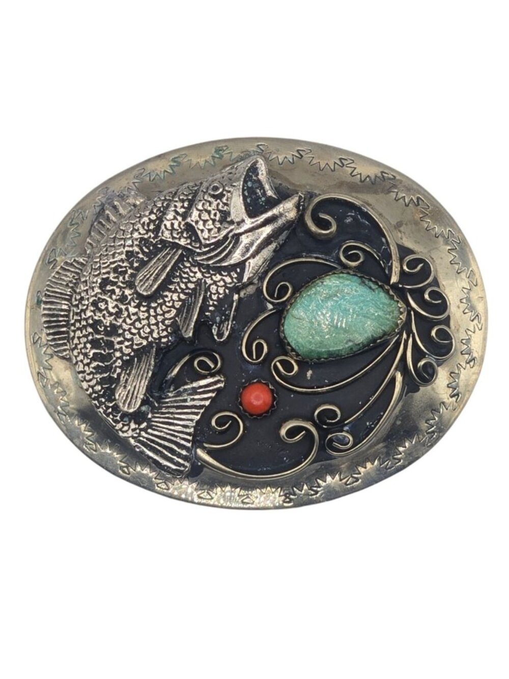 Fish Belt Buckle Turquoise Coral Stone Fishing Fisherman Vintage Western Wear